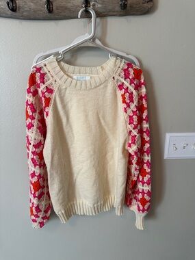 Birdwell Cream Sweater with Pink and Red Crochet Sleeves
